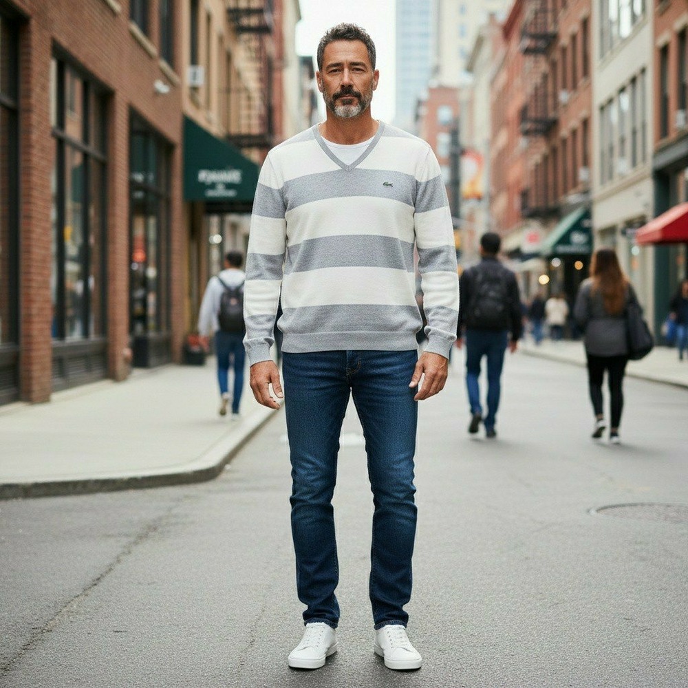 Lacoste Mens V-Neck Sweater Gray White Striped Cotton Pullover FR 7 US XXL